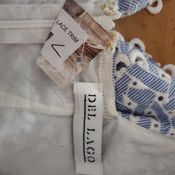 Del Lago Large NWT 100% Cotton Blue White Cap Sleeve Cottagecore Lace Midi Dress - Picture 9 of 12